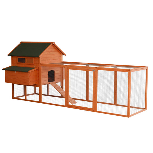 PawHut 137" Chicken Coop for 8-10 Chickens, Large Chicken House, Wooden Poultry Hen Cage with Nesting Box and Run for Backyard, Orange - WoodArtSupply