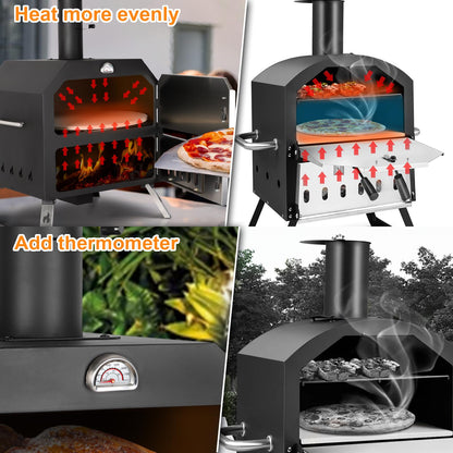 12’’ Outdoor Pizza Oven Wood Fired Pizza Oven Portable Patio Ovens Included Pizza Stone, Pizza Peel, Fold-up Legs, Cover Cooking Rack for Camping Backyard BBQ