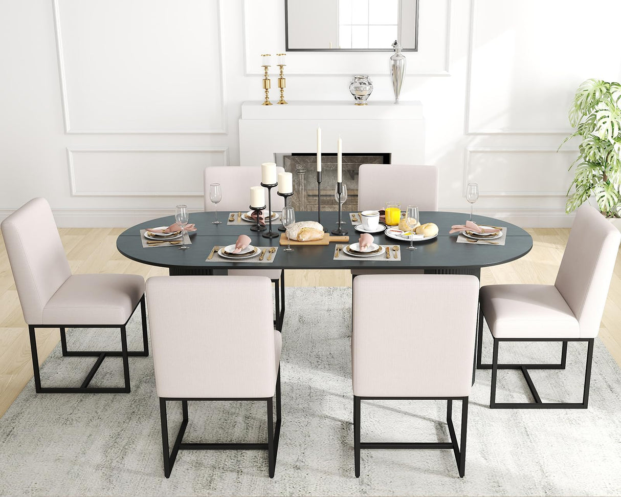 HNY Century Modern Dining Chairs Set of 6, Linen Fabric Kitchen & Dining Room Chair, Upholstered Dining Chair Side Chair with Black Finish Metal Frame, Cream 6 PC HNY