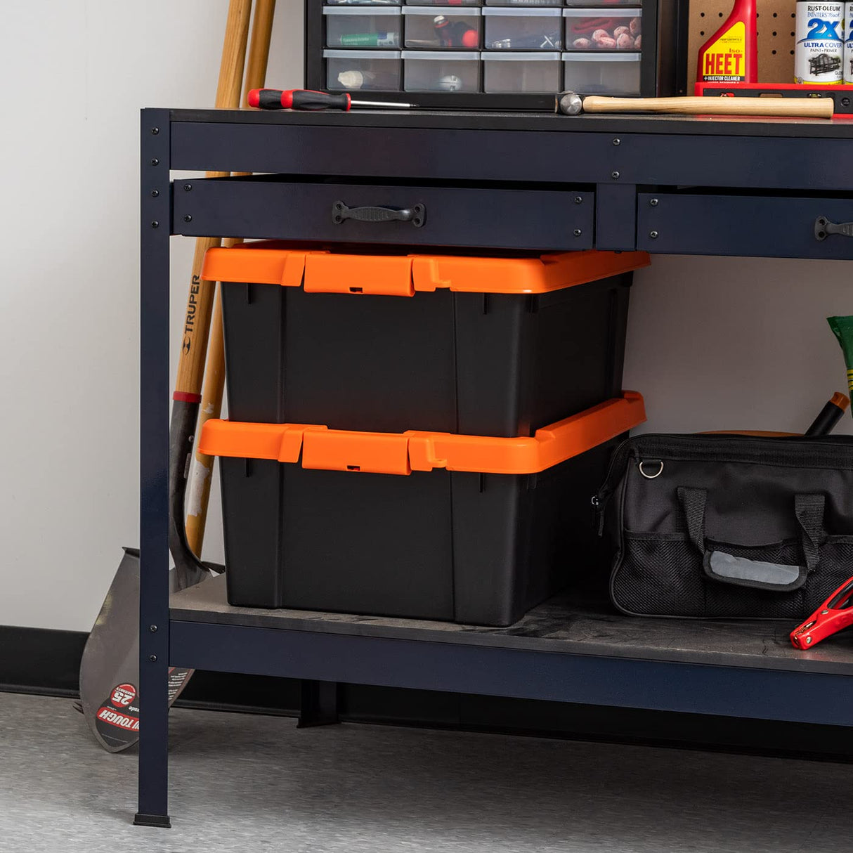 IRIS USA 12 Gallon Lockable Storage Bins with Lids, 2 Pack - Made in USA, Heavy Duty, Stackable Containers, Garage Organizing Bins Moving Tubs, Rugged Sturdy Equipment Utility Box - Black/Orange IRIS USA