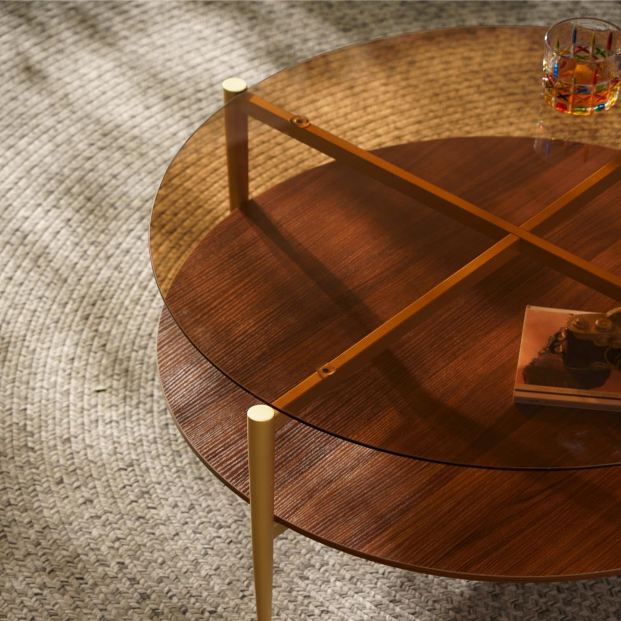 Saint Mossi Glass Round Coffee Table for Living Room, Middle-Century Modern Style, Coffee Brown Glass Top & Walnut Brown MDF Wood Top, with Gold Finish Legs & Frame SM Saint Mossi