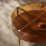 Saint Mossi Glass Round Coffee Table for Living Room, Middle-Century Modern Style, Coffee Brown Glass Top & Walnut Brown MDF Wood Top, with Gold Finish Legs & Frame SM Saint Mossi