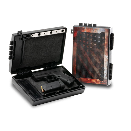 STOPBOX Gun Safe Alternative - Tactical Handgun Storage, Instant Access Portable Gun Case, TSA Compliant Gun Lock Box for Quick Handgun Access | RUSTIC FLAG + BLACK (2 Pack) | Compact Only STOP BOX