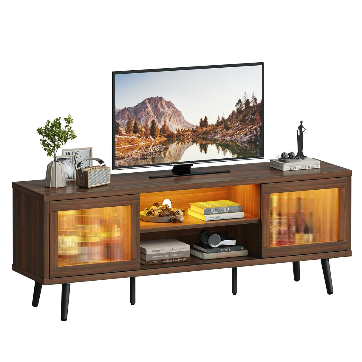 Bestier TV Stand for 75 Inch TV, 63” LED Entertainment Center with Sliding Acylic Doors, Modern TV Console with 2 Tier Storage Shelves, Media Console Table for Living Room Bedroom - Walnut Bestier