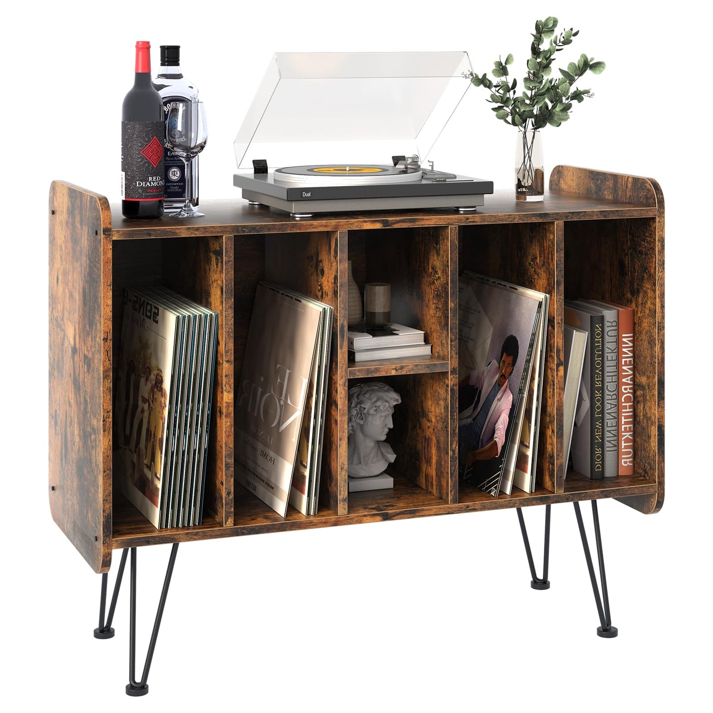 Arbuxzuy Large Vinyl Record Storage Stand, Brown Wooden Shelf with Metal Legs, Sturdy and Durable, Easy Assembly, Holds Albums and Turntable