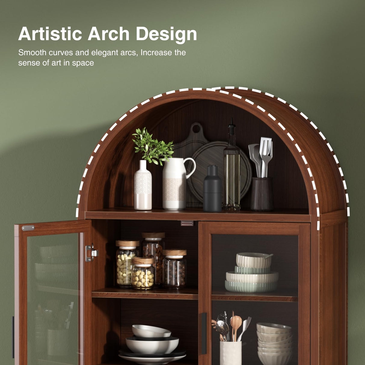 FiveWillowise 71" Tall Arched Cabinet with Glass Doors, Fluted Pantry Cabinet with Solid Wood Legs, Modern Accent Furniture for Living Room, Kitchen, Dining Room, Entryway, Walnut FiveWillowise