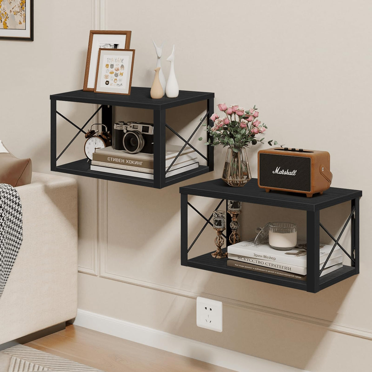 Homode Floating Nightstand, 2 Tier Wall Mounted Nightstand with Cable Hole, Wooden Floating Bedside Table, Bedside Wall Shelf for Bedroom Bathroom Living Room Kitchen Office, Black Homode