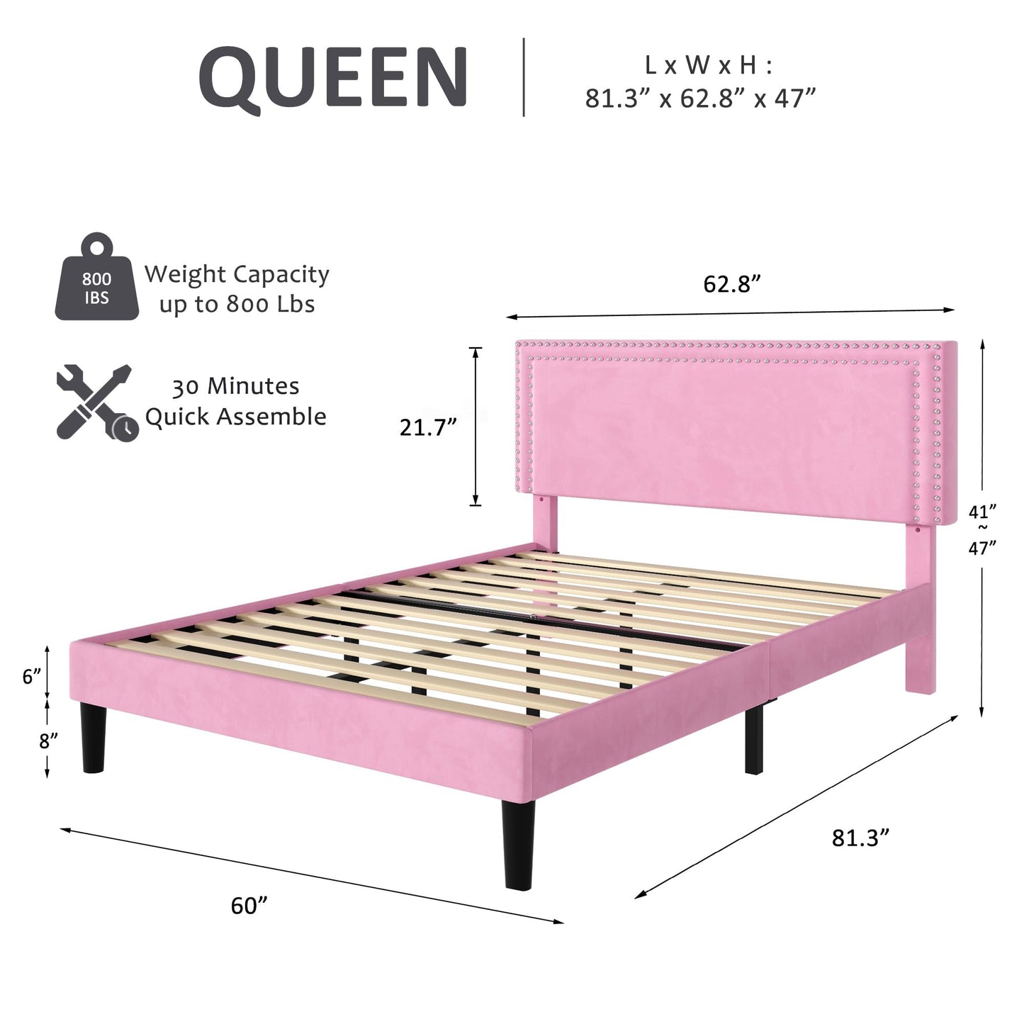 VECELO Queen Size Bed Frame with Adjustable Upholstered Headboard, Wooden Slats Platform, Noise-Free Design, Easy Assembly