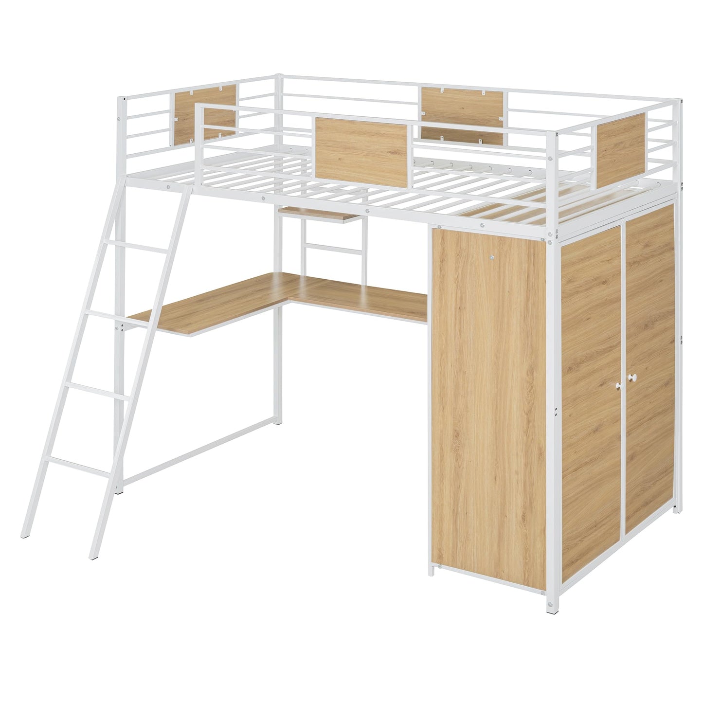 Twin Loft Bed with Desk and Storage Shelf, Twin Size Loft Bed with Wardrobe and L-Shaped Desk, Heavy Duty Loft Bed with Ladder and Guardrail(Twin Loft Bed White)