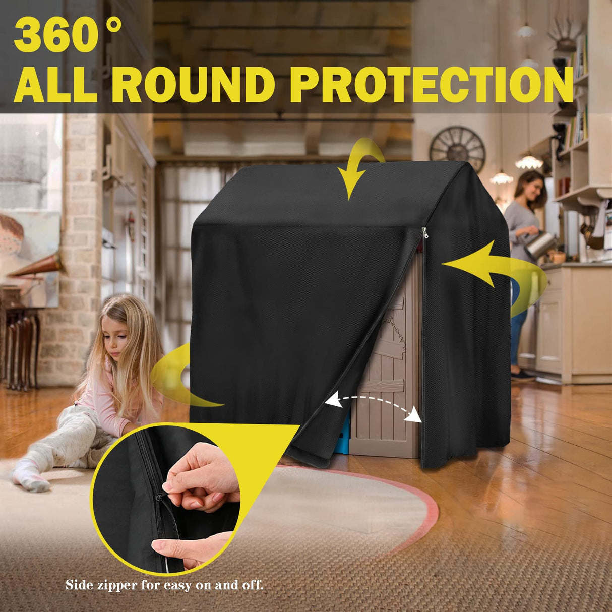 Iceberg Elf Playhouse cover, Outdoor wooden kids playhouse covers, 57" L x 57" W x 63" H, Waterproof, Sun Protection dust, Easy to put on with side zipper, 640D Heavy duty oxford fabric, (Black) Iceberg Elf