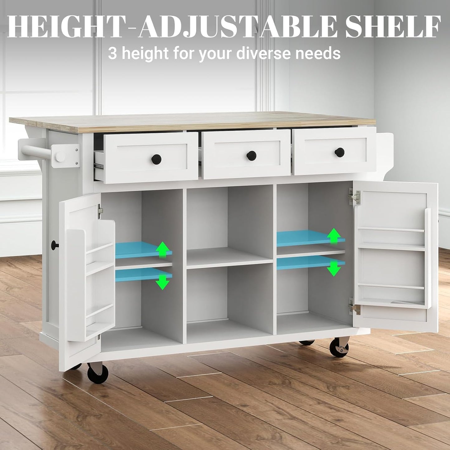 Rovibek Rolling Kitchen Island with Drawers, White Kitchen Island Cart with Storage, 53 in Portabl Island for Kitchen with Large Storage Cabinet, Shelf and Drawer