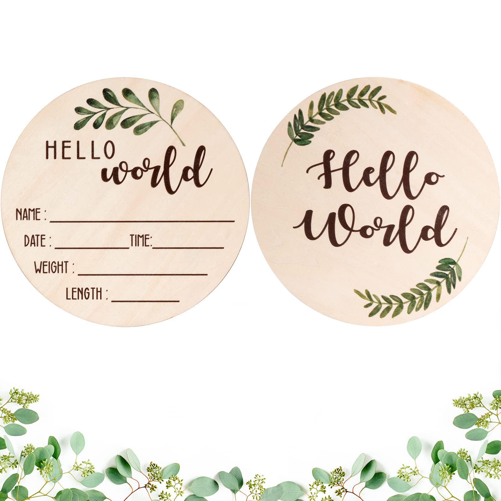 Baby Announcement Sign for Newborn - Beautiful Double-Sided Hello World Name Sign for Hospital Birth Announcement, The Perfect Round Wooden Welcome - WoodArtSupply