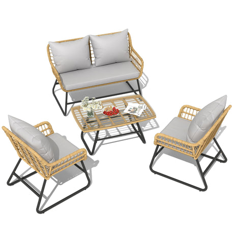 YITAHOME 4 Piece Patio Furniture Set, Outdoor Wicker Furniture Set with Removable Cushion, Rattan Patio Loveseat Set for Garden, Backyard, and Deck,Armchairs, Glass Side Table, Light Gray & Beige YITAHOME