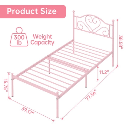 Weehom Twin Bed Frames with Headboard, Heavy Duty Metal Platform Bed Under Bed Storage Space Easy Assembly for Kids Girls Adults, Pink