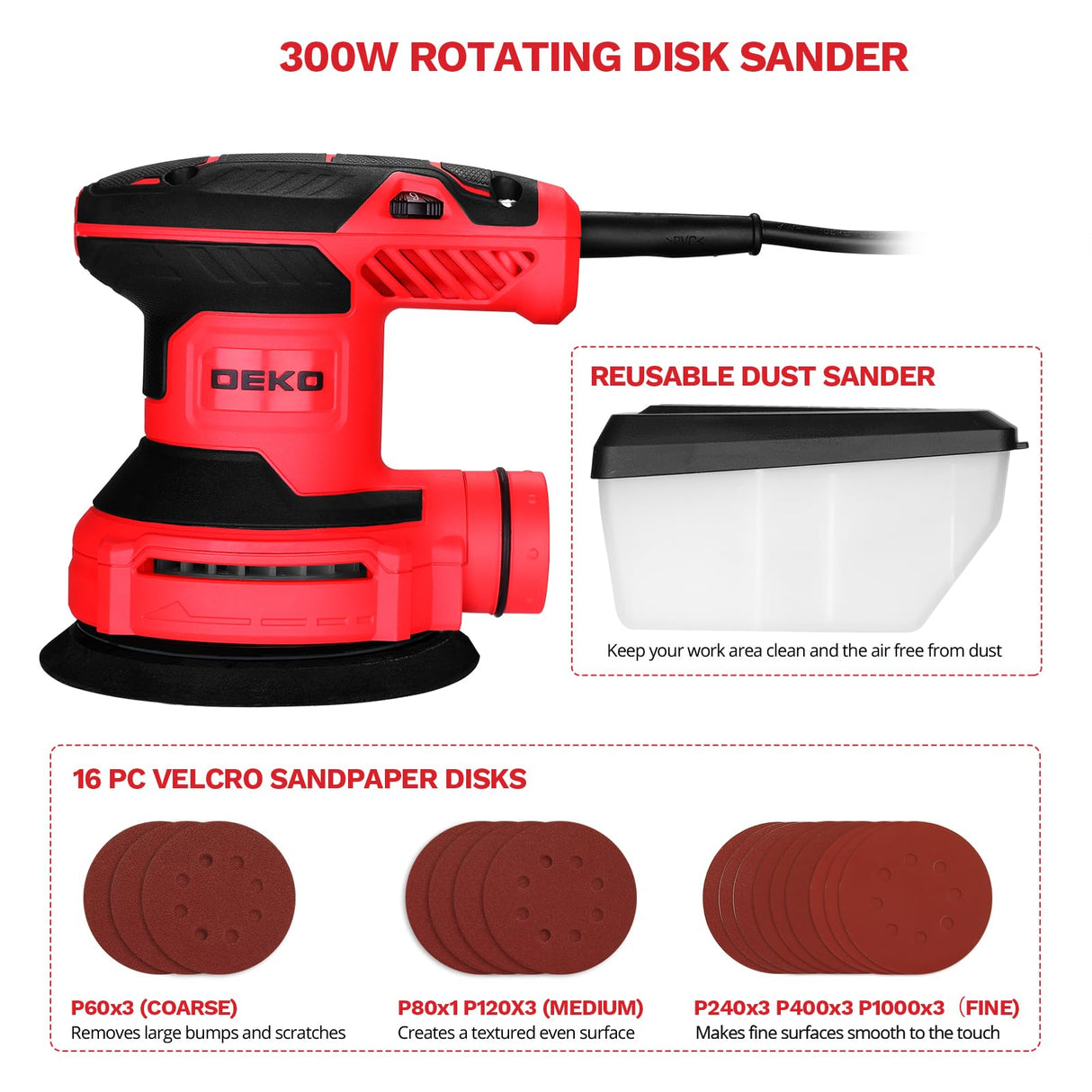Orbital Sander Corded Hand Sander: DEKOPRO 20V 5" Random Orbital Sander with Dust Box, 6 Various Speeds Electric Palm Sander with Dust Box, 16Pcs Sandpapers for Woodworking & Sanding (Red) DEKOPRO