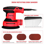Orbital Sander Corded Hand Sander: DEKOPRO 20V 5" Random Orbital Sander with Dust Box, 6 Various Speeds Electric Palm Sander with Dust Box, 16Pcs Sandpapers for Woodworking & Sanding (Red) DEKOPRO