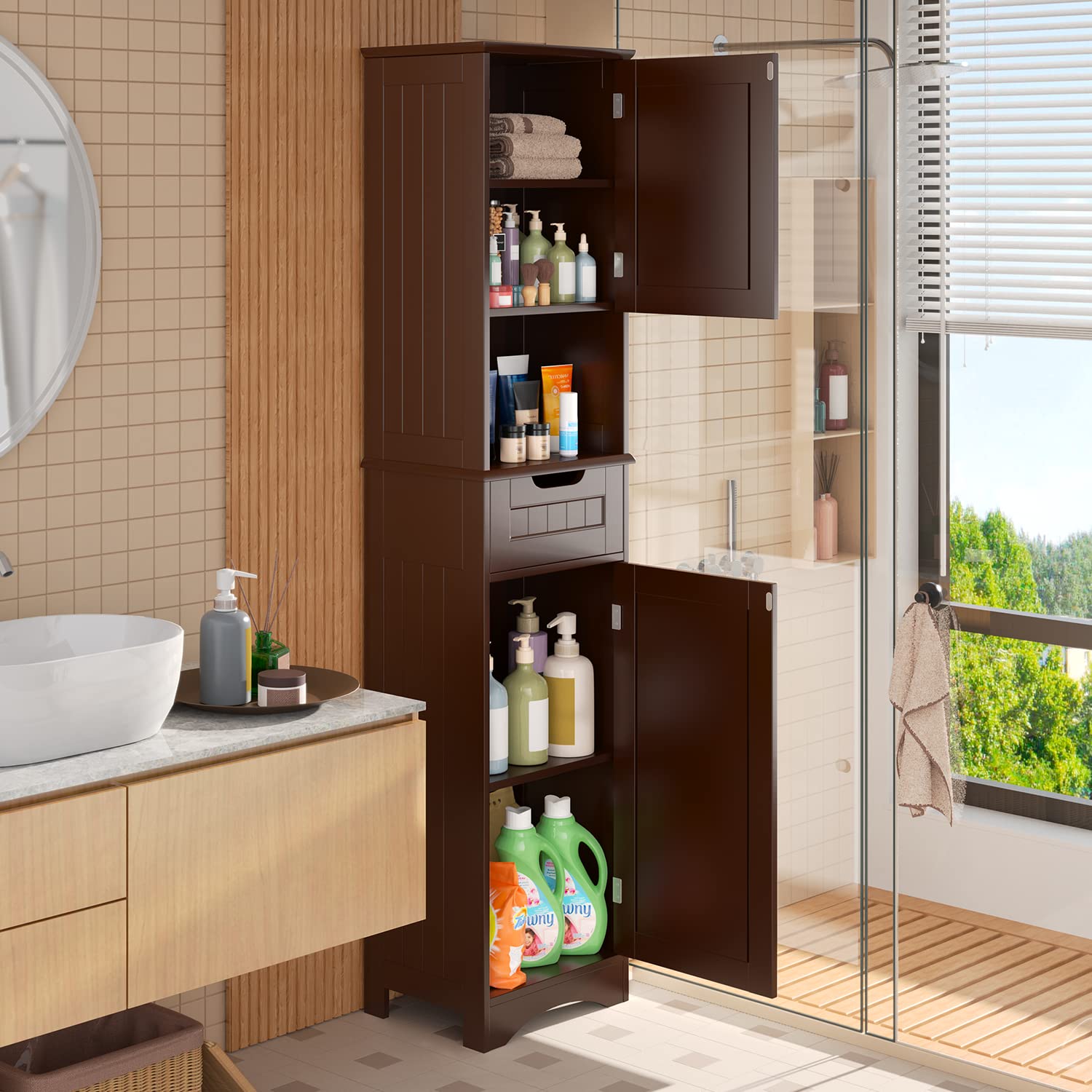 Gizoon 67" Tall Freestanding Bathroom Storage Cabinet with Adjustable Shelves - Dark Brown Linen Tower - WoodArtSupply