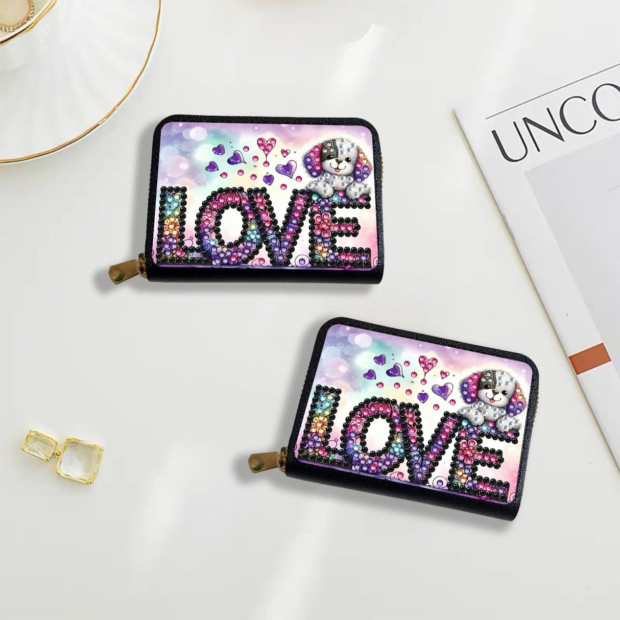 yzARTche Diamond Art Painting Credit Card Wallet, RFID Blocking 5D Gem Art PU Leather Zipper Card Holder Wallet for Women-01-LOVE Dog yzARTche