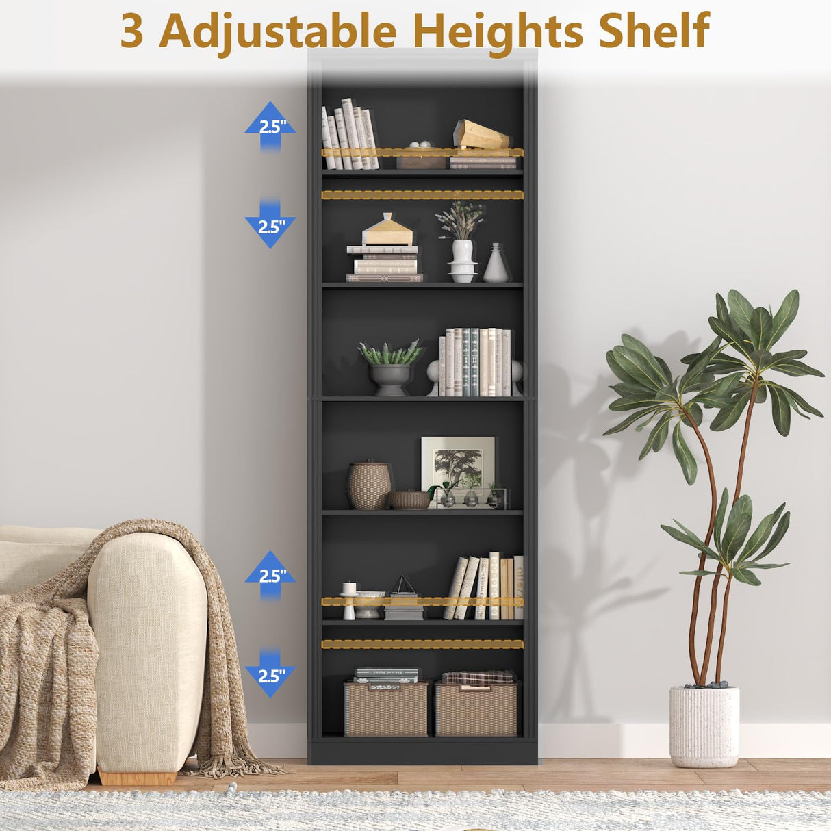 Thacuok 75" Tall Bookshelf & Bookcase, 6-Tier Adjustable Storage Shelves, Book Shelf with Anti-Tipping Device, Modern Display Rack for Living Room, Bedroom, Office Thacuok