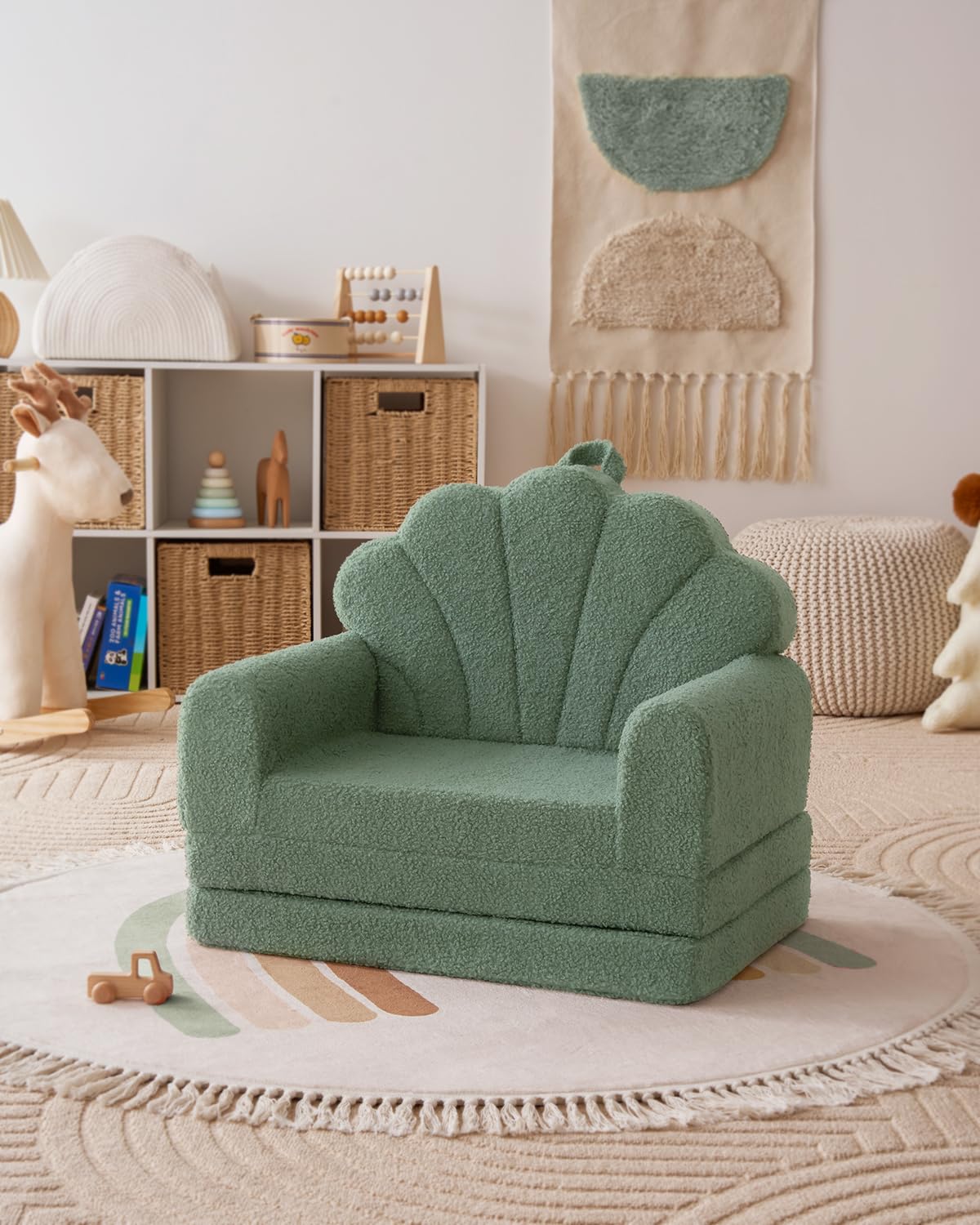 Blissful Diary Kids Couch, 2-in-1 Soft Toddler Couch Fold Out, Toddler Chair Comfy, Convertible Sofa to Lounger with Cute Shell Designs, Green Blissful Diary