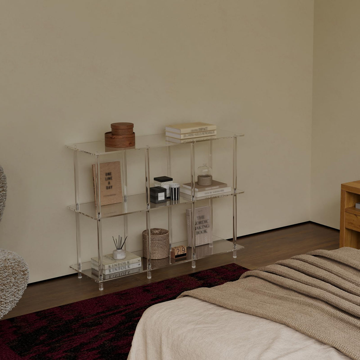 CRTERICX Acrylic Horizontal Bookshelf, 11.6" D x 35.4" W x 26.5" H, 3-Tier Clear 6 Cube Organizer Bookcase, Open Low Book Shelf for Home Office, Living Room, Bedroom, Modern, Easy Assembly CRTERICX