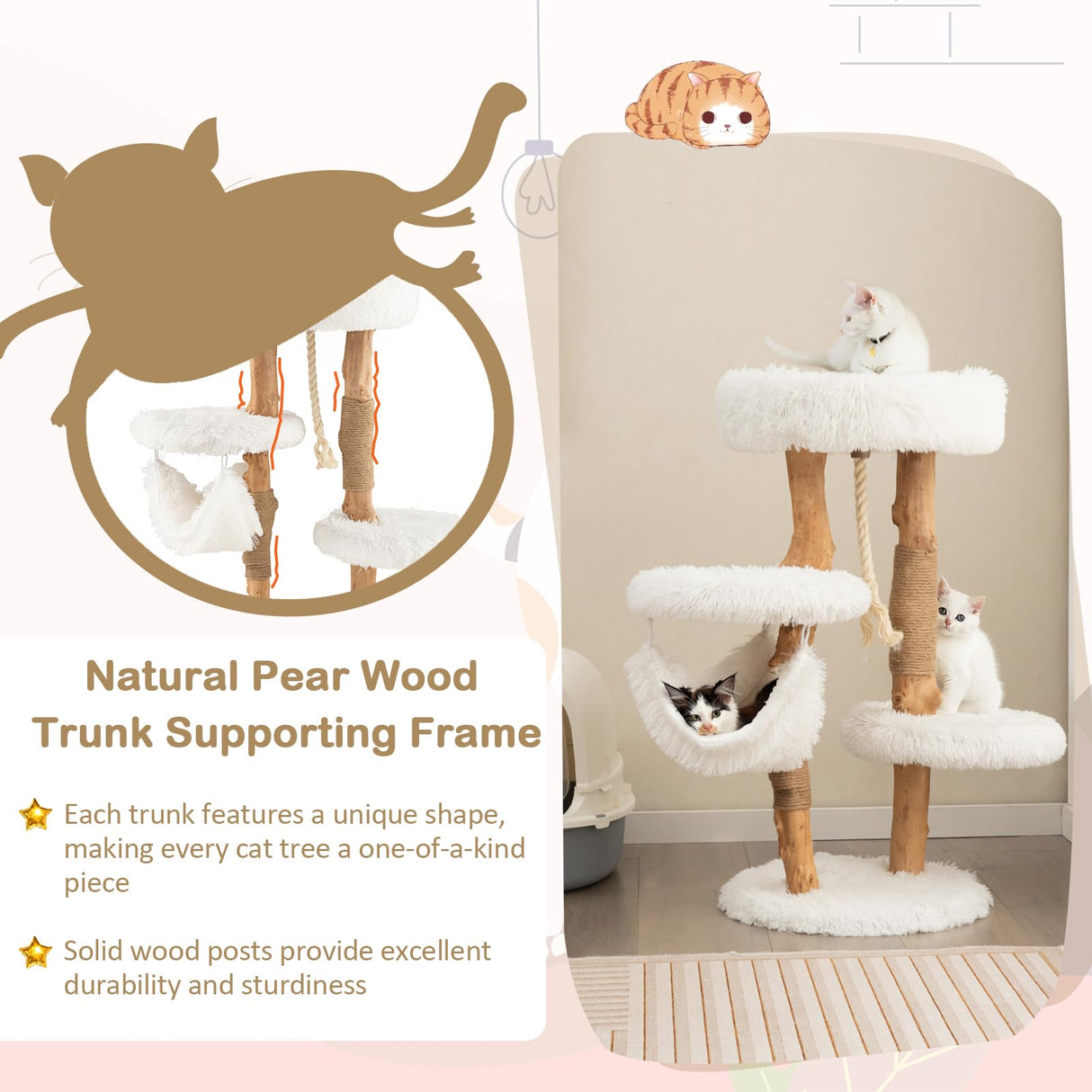 PETSITE 34 inch Wooden Cat Tree, Solid Wood Modern Cat Tower with Jute Scratching Posts, Sisal Rope, Cozy Top Perch and Hammock, Soft Long Plush Pear Wood Cute Cat Tree for Indoor Cats Large PETSITE