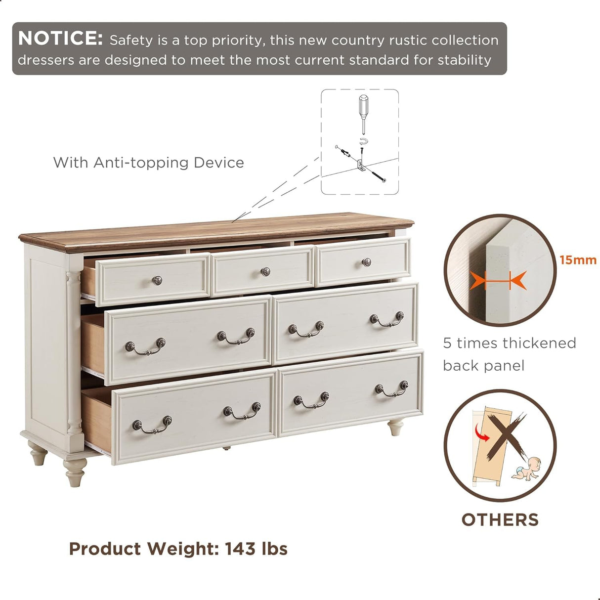 T4TREAM Farmhouse 7 Drawers Dresser Chests for Bedroom with 4 Solid Wood Feet, Tall Wide Wood Country Rustic Chest of Drawers, Storage Dressers for Bedroom, Living Room, Antique White T4TREAM