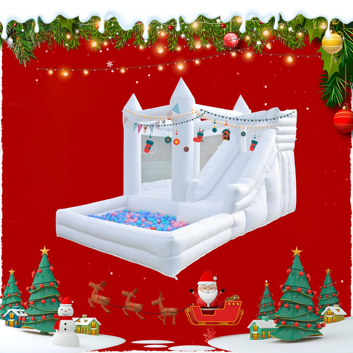 12 FT Oxford White Inflatable Bounce House, Bounce House With Ball Pit, Bounce House With Slide, Indoor And Outdoor Large Inflatable Castles Bounce House for Kids 3-12 Holiday Decoration Wedding Party JIO JIO PLAY