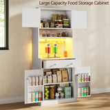 Korfile 71" Tall Kitchen Pantry Storage Cabinet with Power Outlet & LED Light, Freestanding Food Pantry Cabinet with 4 Doors and Shelves, Cupboard with Drawer, Hutch with Microwave Stand, White Korfile