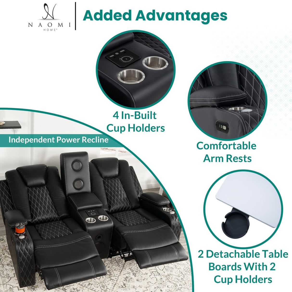 Naomi Home Chicago Power Loveseat Recliner Sofa & Home Theater Seating with Wireless Charging Electric Recliner RV Sofa with USB/Cup Holders/Storage/LED Light/Speaker, Black/Air Leather Naomi Home