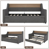 Twin Upholstered Daybed & Roll-Out Trundle, Linen Frame with LED Light, Built-in Charging Station, Storage Headboard & Rolling Guest Bed for Living Room Bedroom Guest Room, Gray Lyngins