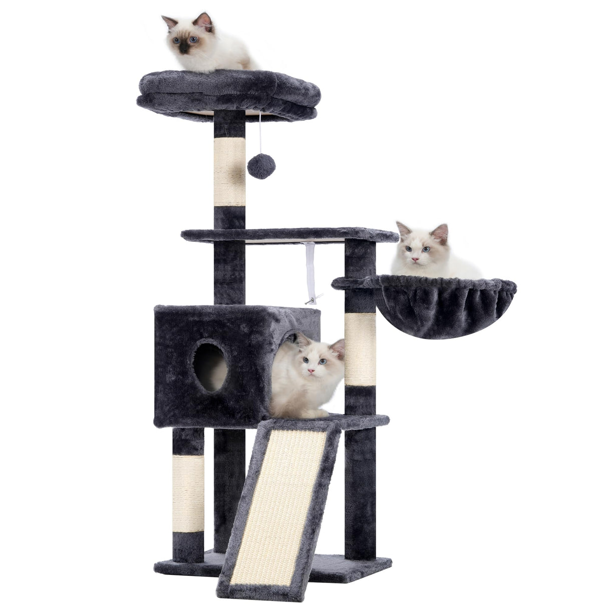 Hey-brother Cat Tree, 42.5-Inches Cat Tower for Indoor Cats, Plush Multi-Level Kitten Cat Condo with Scratching Post, Ramp, Basket, Spacious Cat Cave, Hanging Ball, Smoky Gray MPJ007SG Hey-brother