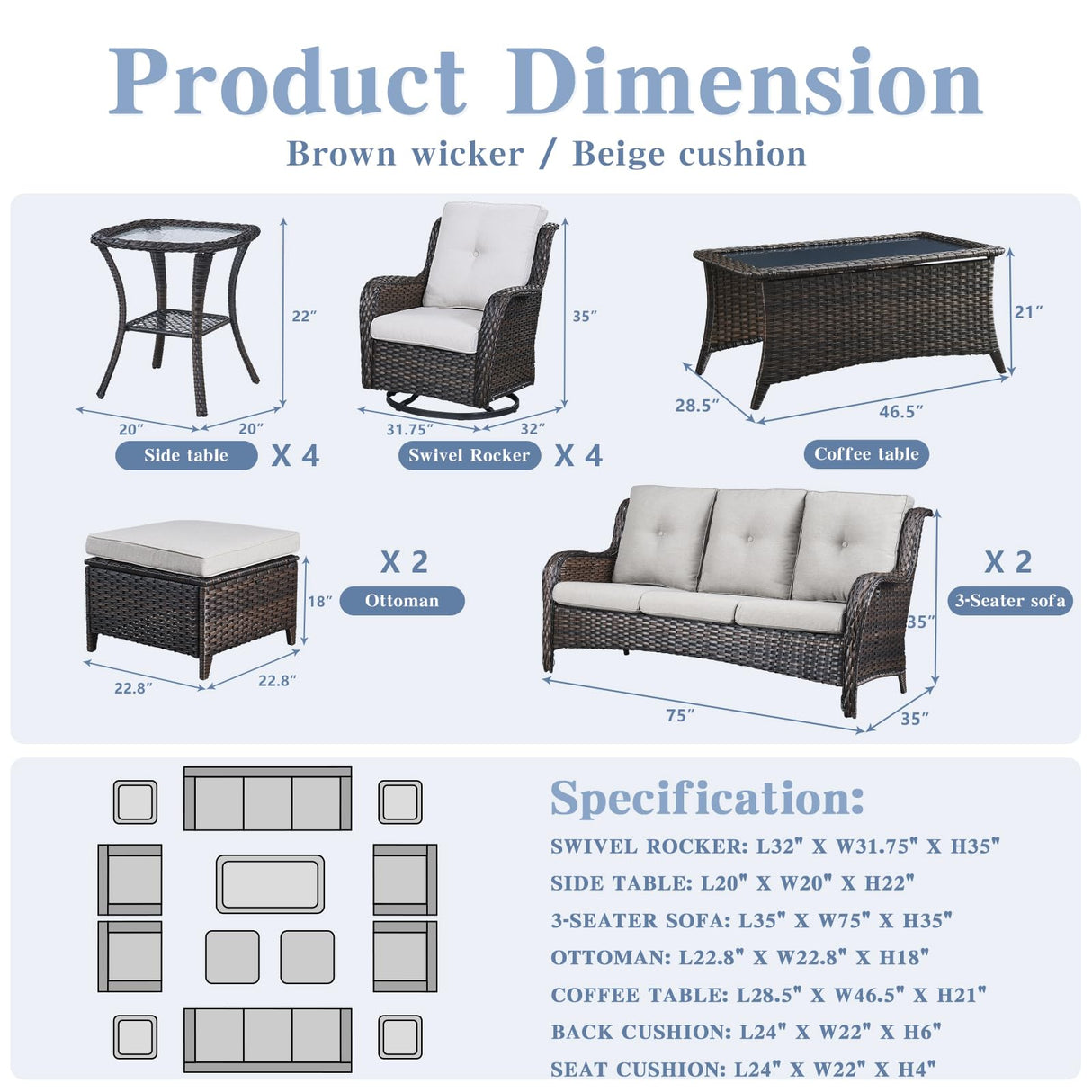 Belord Wicker Patio Furniture Sets - 13 Piece Outdoor Rattan Furniture Conversation Sets with 4 Swivel Rocker Chairs, 2 Rattan Sofas, Wicker Ottomans and Coffee Table, Brown/Beige Belord