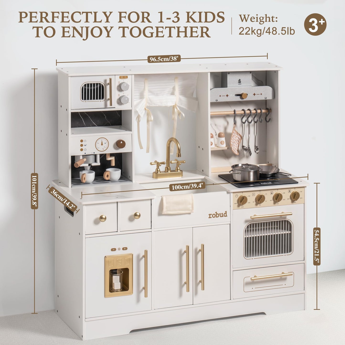 ROBUD Play Kitchen for Kids, Wooden Play Kitchen Set with Plenty of Realistic Play Features, Toy Kitchen with Ice Maker, Coffee Machine, Oven, Cabinet, Microwave, Utensils, Gift for Ages 3+, White