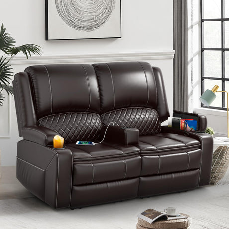 Yolsali Loveseat Recliner Sofa, Manual Reclining Loveseat with Removable Armrest, Faux Leather Recliner Loveseat for Adults with 2-Tier Cushions, USB Charging Ports, Cup Holders - Brown Yolsali