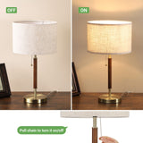 EDISHINE Mid Century Table Lamp, Bedside Lamp with Pull Chain Switch, Solid Wood & Metal Pole, Modern Nightstand Table Lamp for Living Room, Bedroom, Office, Frosted Bronze & Wood Finish EDISHINE