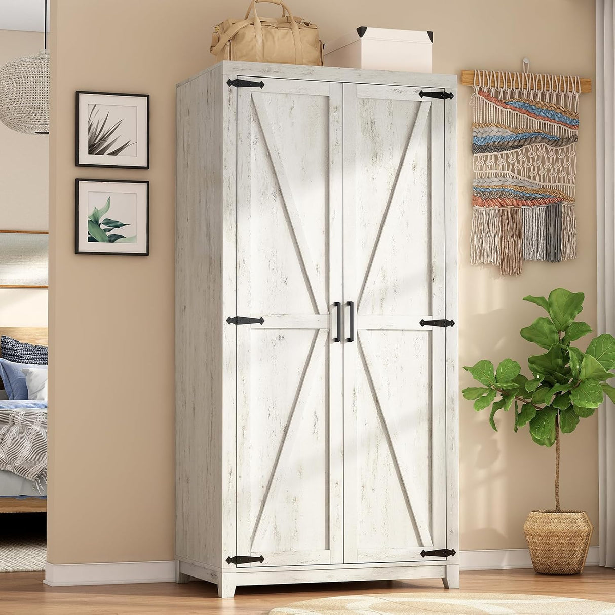 LUXOAK 70" Large Armoire Wardrobe Closet Set of 2 with Hanging Rod, Farmhouse Clothing Storage Cabinet with 2 Barn Doors, Wooden Tall Bedroom Armoires with Shelf, Distressed White LUXOAK