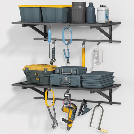 ZHNSYDN 2-Pack 2x4ft Garage Shelving Wall Mounted, Heavy Duty Garage Storage Shelves with 12 Hooks, 2' x 4' Wall Mount Shelves with 500LBS Capacaity ZHNSYDN