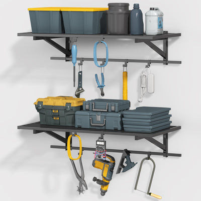 ZHNSYDN 2-Pack 2x4ft Garage Shelving Wall Mounted, Heavy Duty Garage Storage Shelves with 12 Hooks, 2' x 4' Wall Mount Shelves with 500LBS Capacaity