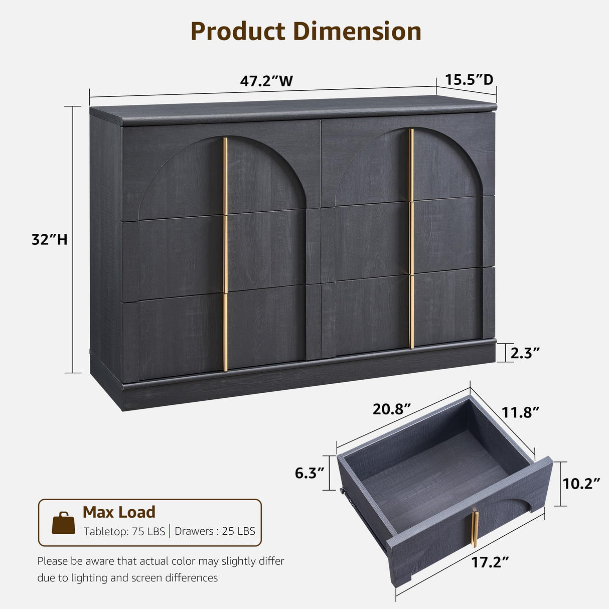 ACCOHOHO Arched Dresser for Bedroom with 6 Drawers, 47.3" Wide Modern Chest of Drawers with Rounded Edge & Metal Handles, Wood Storage Closet Dressers TV Stand for Living Room, Hallway, Black ACCOHOHO
