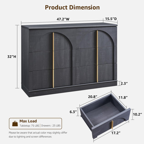 ACCOHOHO Arched Dresser for Bedroom with 6 Drawers, 47.3" Wide Modern Chest of Drawers with Rounded Edge & Metal Handles, Wood Storage Closet Dressers TV Stand for Living Room, Hallway, Black ACCOHOHO