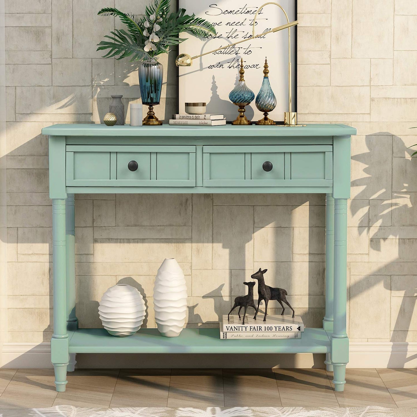 Merax Wood Farmhouse Entry Way Hallway Console Table with Drawers and Bottom Shelf Narrow Blue - WoodArtSupply