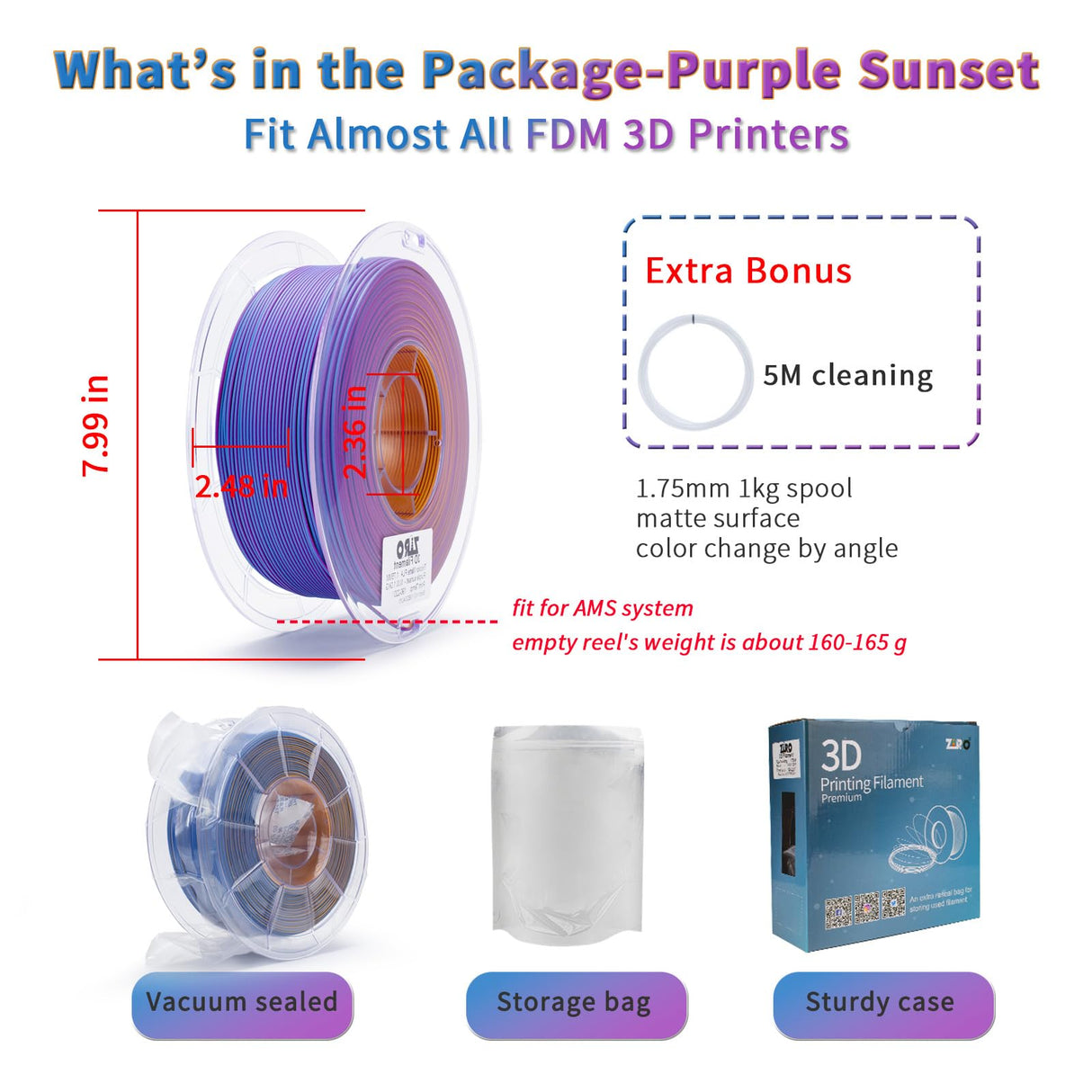 ZIRO PLA Filament 1.75mm, Matte Multicolors 3D Printer Filament, Color Change with Angle, Tri-Colors 3-in-1 Chrome, Dimensional Accuracy +/-0.03mm, Fit Most FDM 3D Printers,1KG Spool, Purple Sunset ZIRO