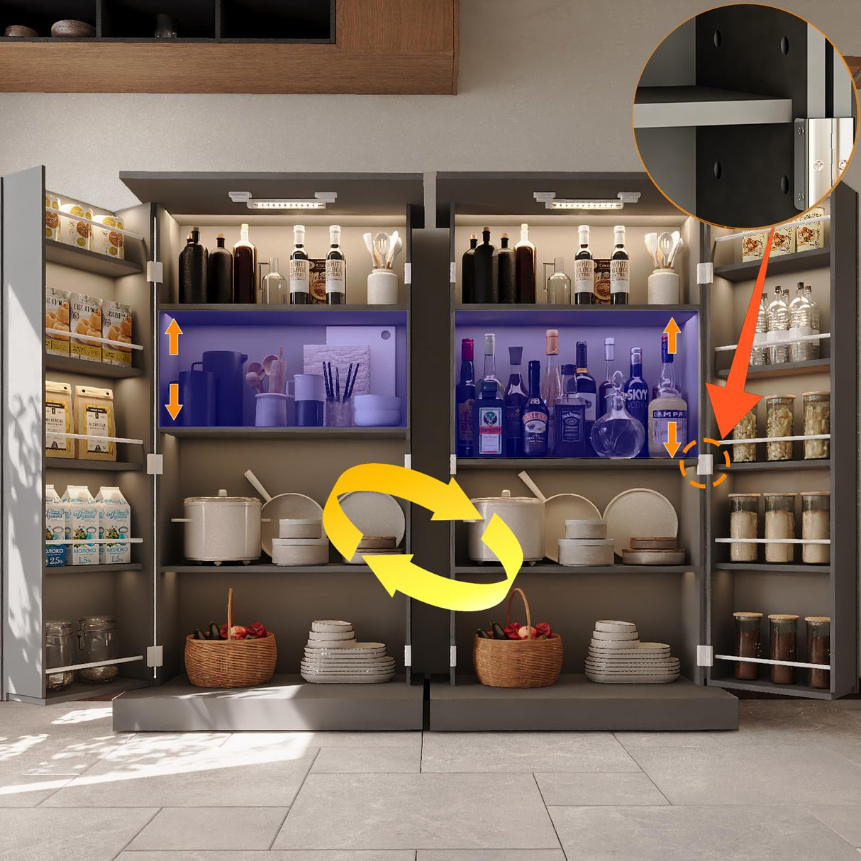 FJTJBSI 50" LED Kitchen Pantry Cabinet with 3 Adjustable Shelves and 2 Doors Wood Pantry Storage Cabinet with Handle for Kitchen Living Room and Dinning Room Grey FJTJBSI