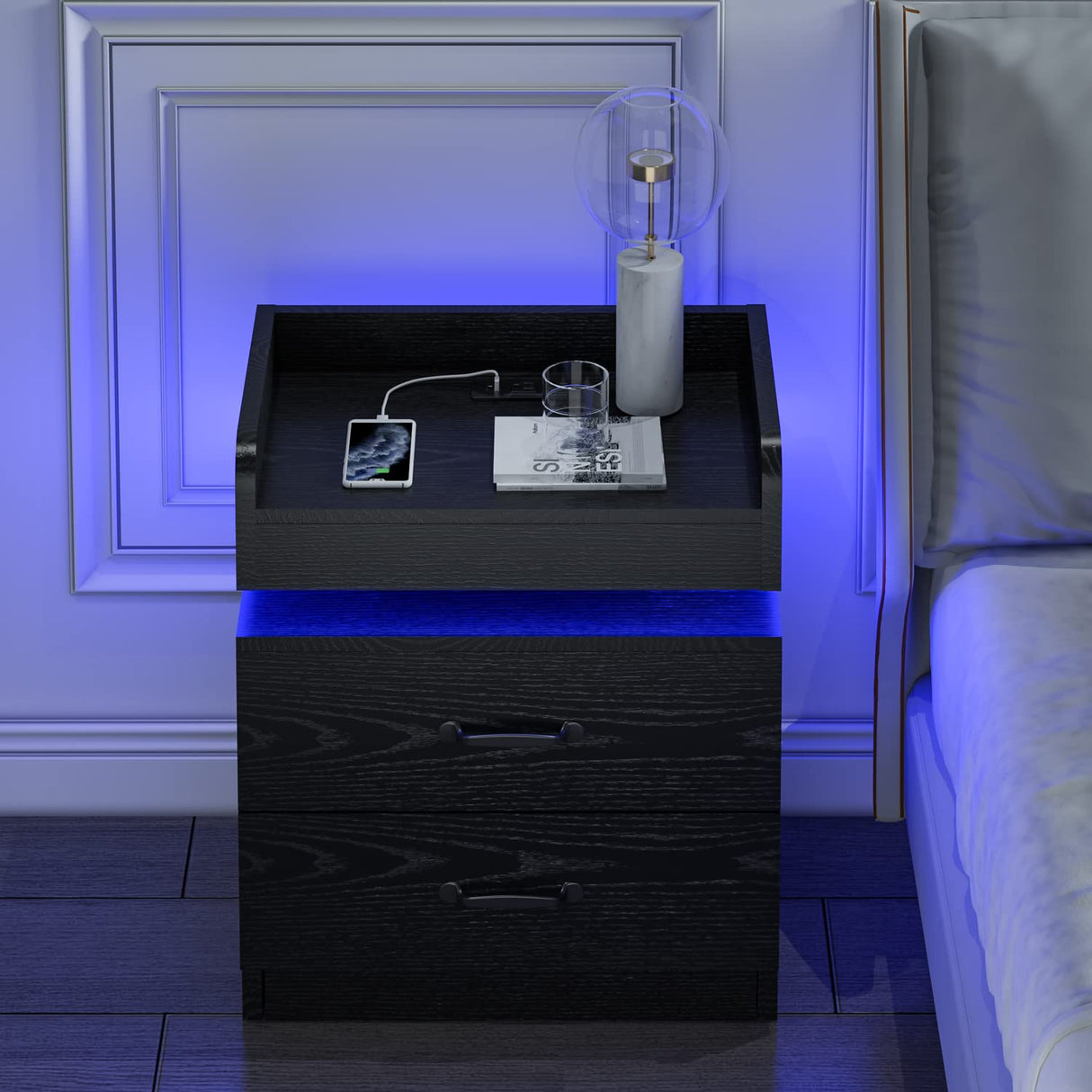 Black Nightstand with Charging Station, Night Stand with LED Lights, Modern Led End Table Nightstand for Bedroom, Bedside Table with 2 Drawers, Bed Side Table with Storage for Living Room 4ever2buy