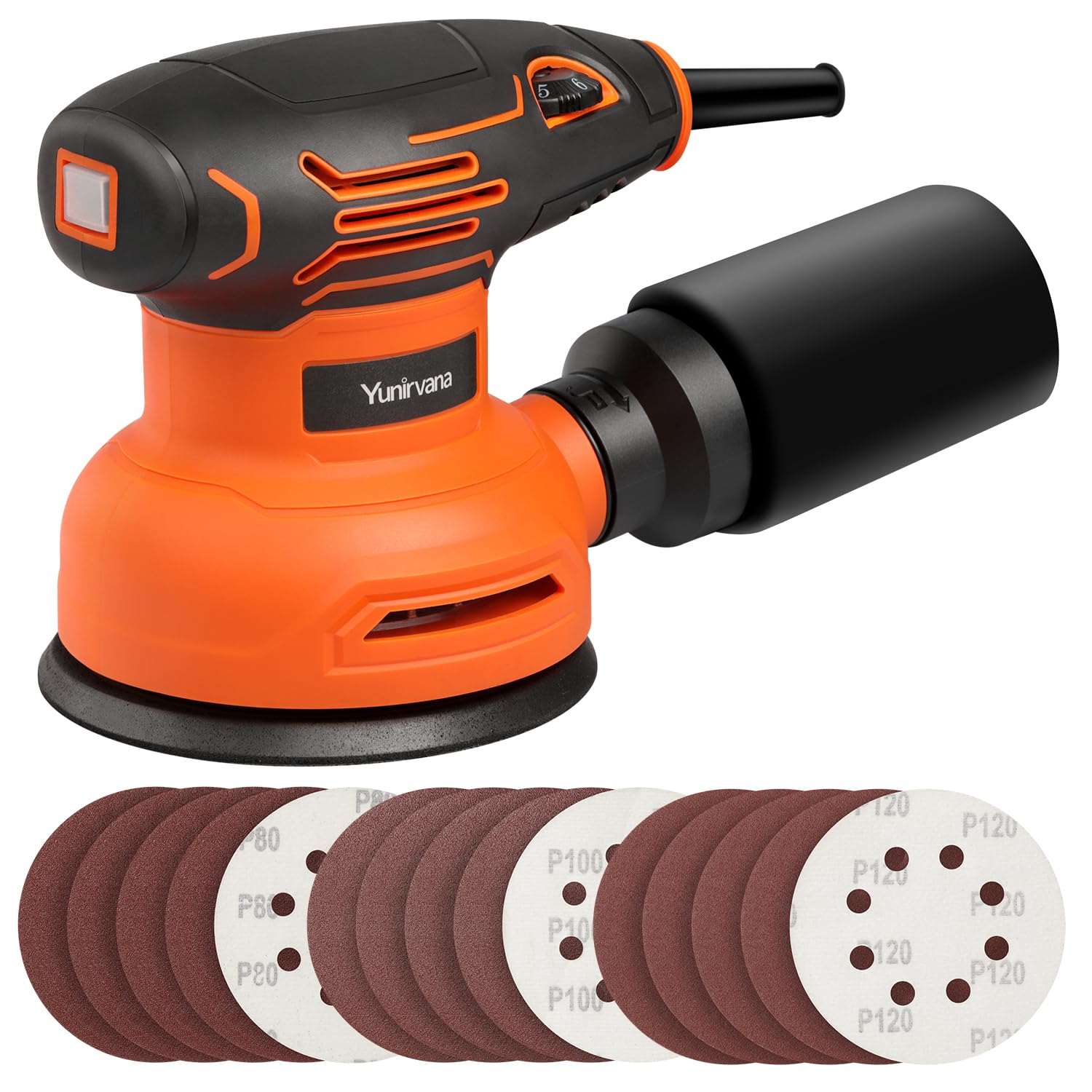 Yunirvana 5-Inch Orbital Sander, 2.5 Amp Motor, 15 Pcs Sanding Disc Set, 6-Speed Control (6000-12000 OPM), Efficient Dust Collection for Superior Sanding and Polishing - WoodArtSupply