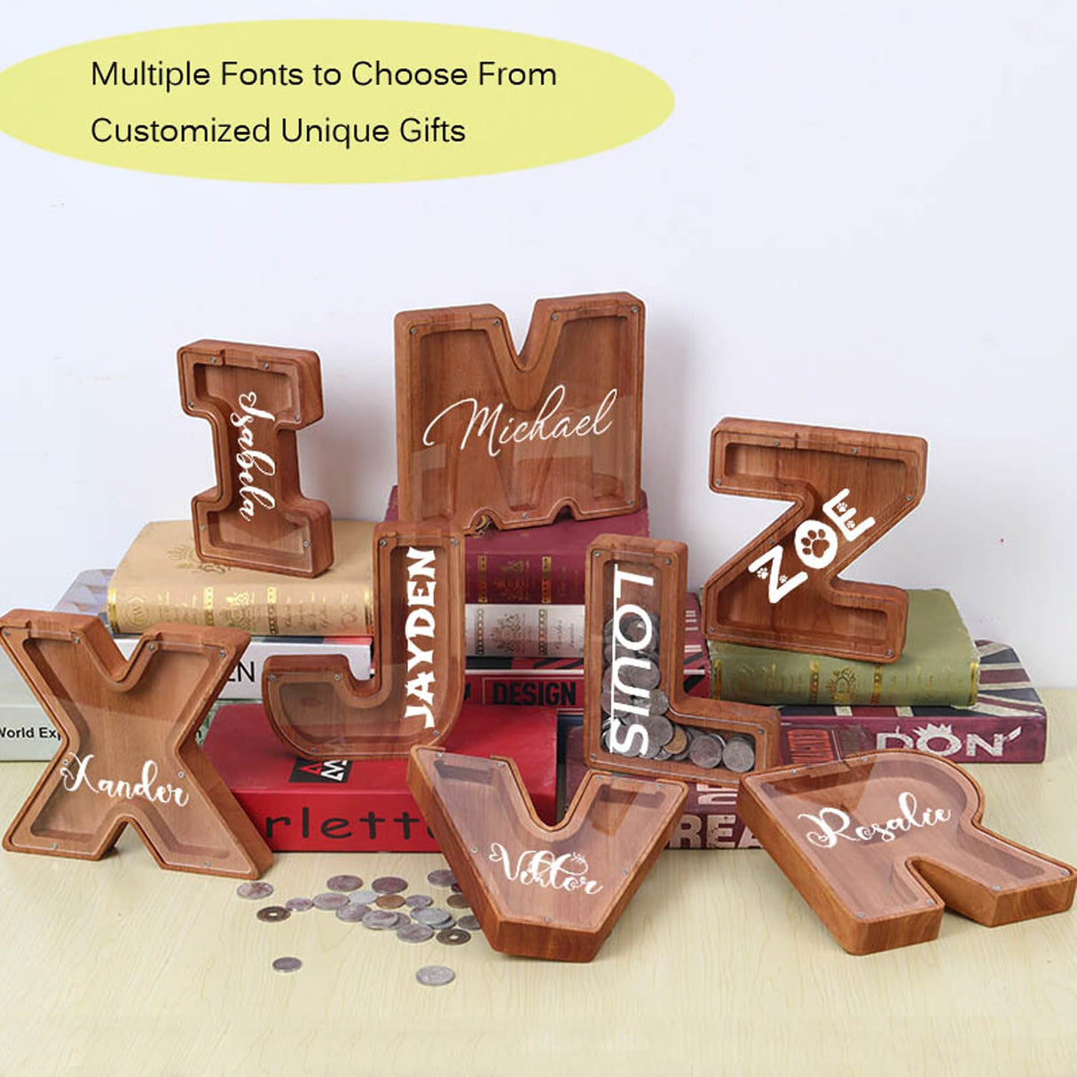 Custom Wooden Piggy Bank, Laser Engraved Name Coin Bank, Personalized Letter Money Bank,Customized Wood Toy for Kids, Birthday for Boys and Girls. (9in.) Blireana