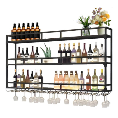 39.1in Wall Mounted Wine Rack, Wine Rack Wall Mounted With Wine Glass Rack, Metal Bar Bottle Display Shelf Wine Cups Hanging Holder, For Home Bar Cafe Dining Room Decoration (BLACK, 39.1*10*35.5IN)