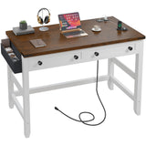 EnHomee Desk with Drawers & Power Outlets, Computer Desk for Home Office, Bedroom, Small Desk with a Side Pocket, 31.5" Writing Desk, Study Desk, Brown+White EnHomee
