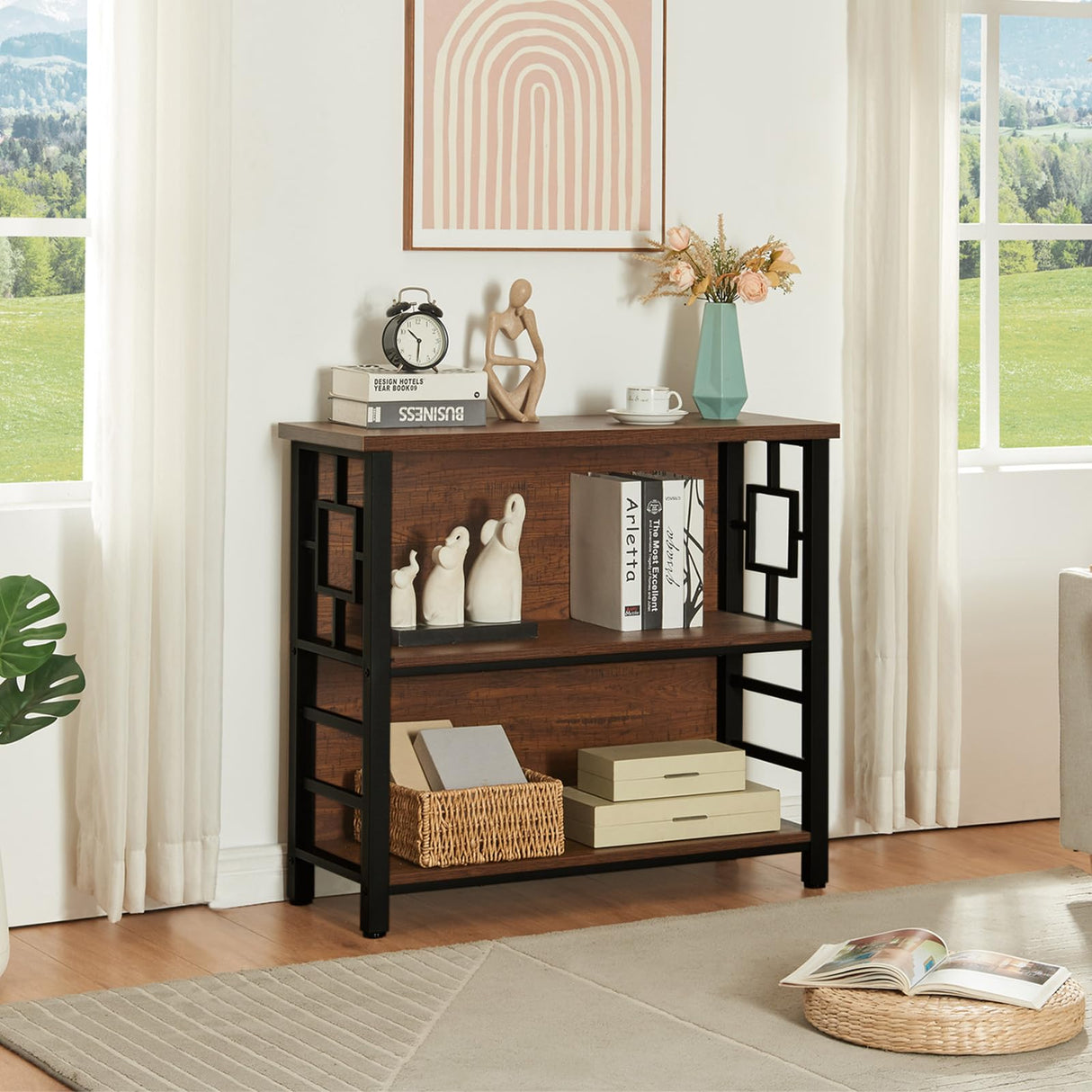 HOMISSUE Book Shelf, 3 Tier Deep Bookshelf with Storage, Engineered Wood and Metal Shelf Bookcase, Low Short Bookcases for Small Space, Living Room, Bedroom, Office, Rustic Brown HOMISSUE